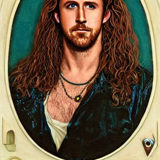 Prompt: Pre-Raphaelite portrait of Ryan Gosling as the leader of a cult 1980s heavy metal band, with very long blond hair and grey eyes, high saturation