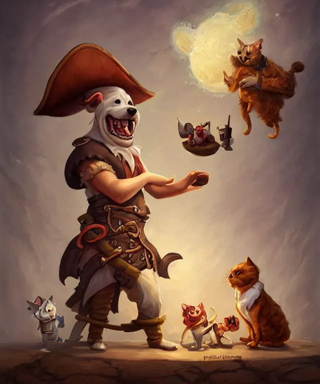 Image similar to a portrait of an anthropomorphic pirate dog eating hamburgers, standing in a restaurant surrounded by cats!, cute and adorable, dnd character art portrait, well rendered matte fantasy painting, deviantart artstation, by jason felix by steve argyle by tyler jacobson by peter mohrbacher, cinematic lighting