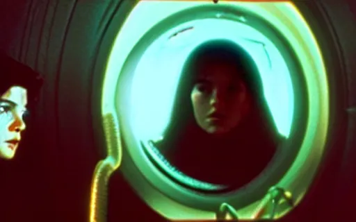 Prompt: full - color cinematic movie still from a 1 9 7 9 science - fiction horror film by ridley scott starring young phoebe cates as a crew member on a spaceship fighting a xenomorph. detailed facial - features ; suspense ; action.