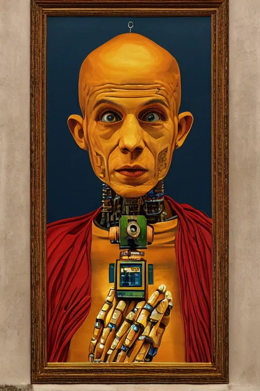 Image similar to robot monk painting a self - portrait on a canvas. intricate, highly detailed, photorealistic, film still, by christopher doyle.