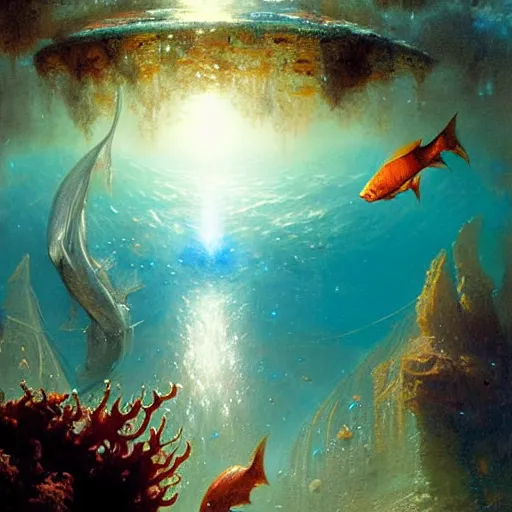 Image similar to point of view of deep in the ocean looking up, you see fishes, higher up you see the splendorous milk way illuminating the sea. highly detailed painting by gaston bussiere, greg rutkowski 8 k