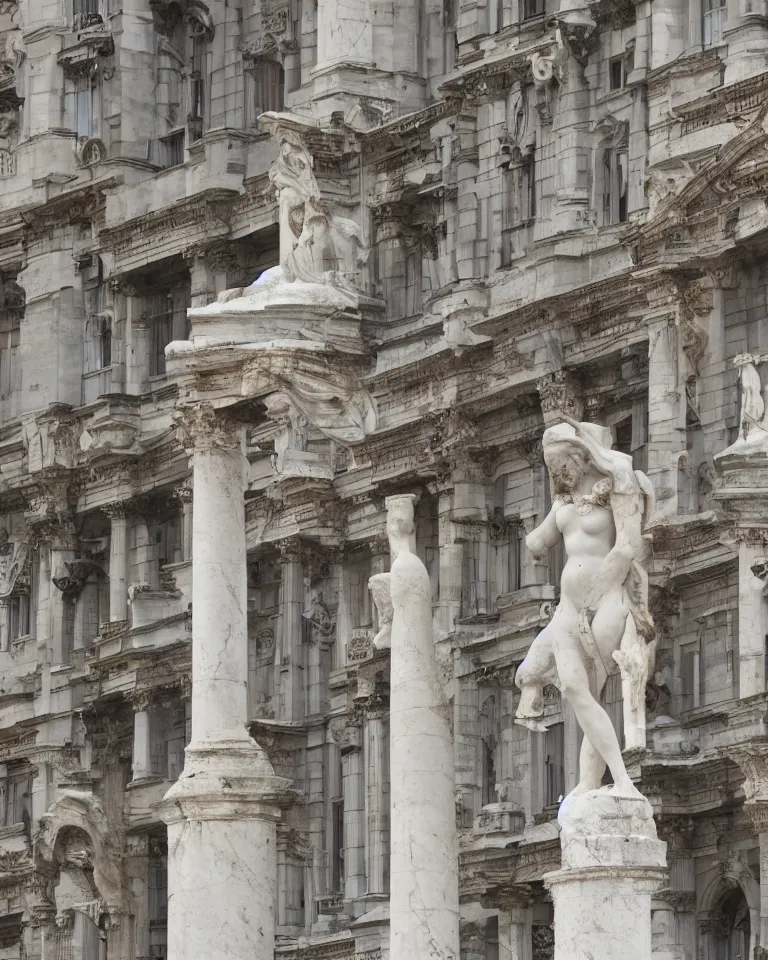 Prompt: an achingly beautiful roman marble sculpture standing alone amid a bustling futuristic metropolis.