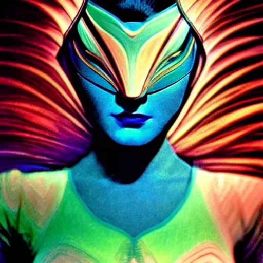 Image similar to extremely beautiful futuristic super schizophrenic psychedelic prismatic superhuman, lush detail, national geographic, steichen, herb ritts, roger deakins, anne leibovitz, alphonse mucha, art deco, sharp focus, ultra - realistic, hyperrealism, psychosis, beautiful psychotic radiant madwoman, super schizophrenic superhuman superhero, illuminated, volumetric light