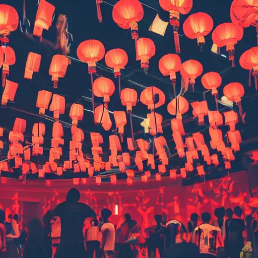 Prompt: night club, five red chinese lanterns, people's silhouettes close up, wearing white t - shirts that glow in the dark, minimalism, dark