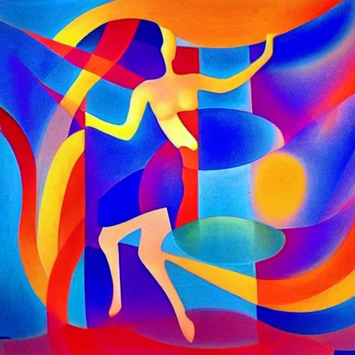 Prompt: woman dances and swims and the rhythm of the water resonates, abstract art in the style of cubism and Georgia o keefe,