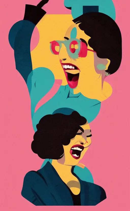 Image similar to illustration with a modern woman with short hair laughing out loud, art deco painting by tom whalen, funny meme photo, trending on behance, digital illustration, storybook illustration, grainy texture, flat shading, vector art, airbrush, pastel, watercolor, poster