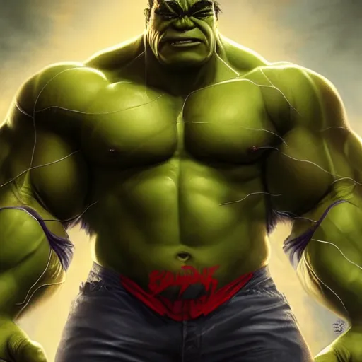 Image similar to characters portrait of Hulk mixed with Spiderman by ArtGerm and Tom Bagshaw, merged character, Full body shot, cinematic opening shot, 4k, highly detailed, cinematic lighting