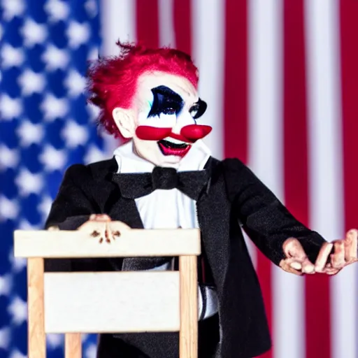 Image similar to mad puppeteer using marionette of a president with clown makeup in a podium