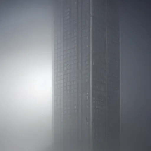 Image similar to a very tall soviet panel building in the fog, dystopian style, 4k, octane, hyperrealistic, extremely detailed,