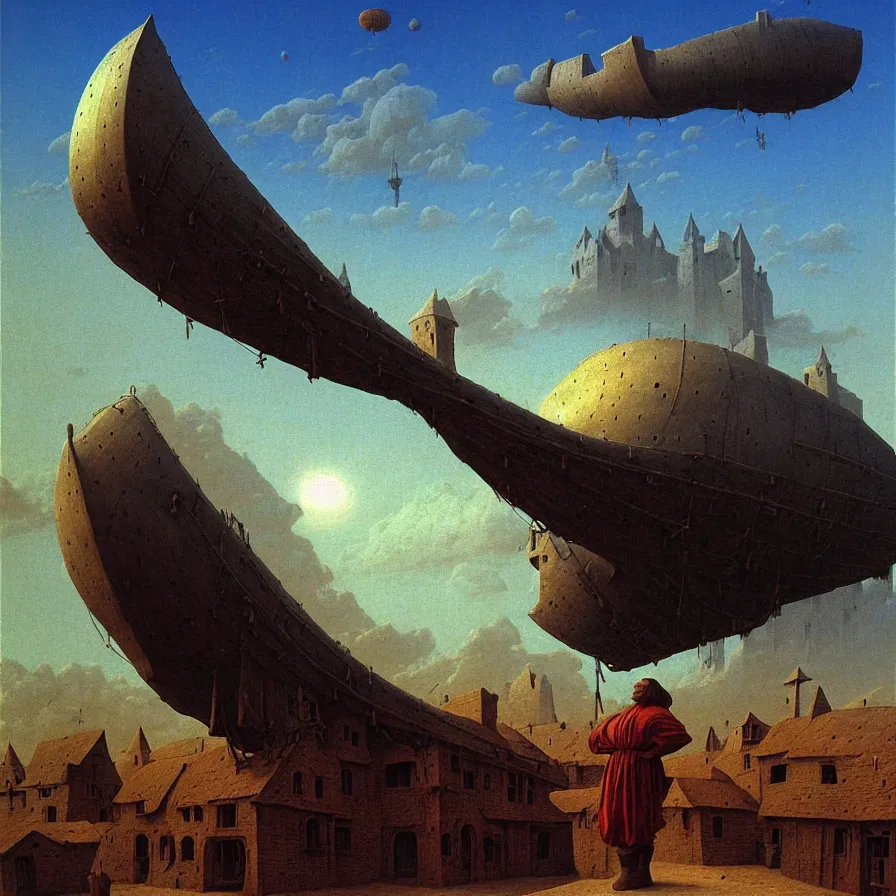 Image similar to Medieval village on the plains, a villager looking up. The sky is completely covered by an incredibly enormous colossal airship-like ship. Extremely high detail, realistic, medieval fantasy art, masterpiece, art by Zdzisław Beksiński, Boris Vallejo