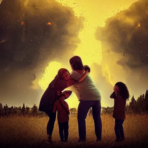 Image similar to “A family hugging each other for the last time as the world is ending, meteors are falling from the sky, everything is on fire, dramatic lighting, digital art, very very very very very very beautiful, 8K, dark lighting, trending on Artstation, award winning”