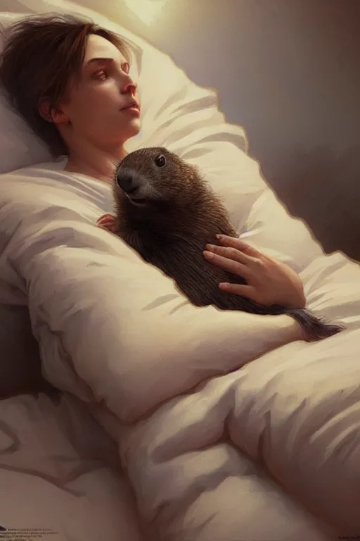 Image similar to drug addicted groundhog lies on the bed, realistic portrait, highly detailed, digital painting, artstation, concept art, smooth, sharp focus, illustration, cinematic lighting, art by artgerm and greg rutkowski and alphonse mucha