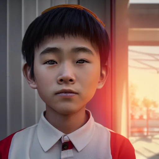 Image similar to japanese middle school boy standing in front of his home in san fransokyo, close up portrait photo, hyper detailed, digital art, trending on artstation, cinematic lighting, studio quality, smooth render, unreal engine, octane render, photorealistic, atmospheric