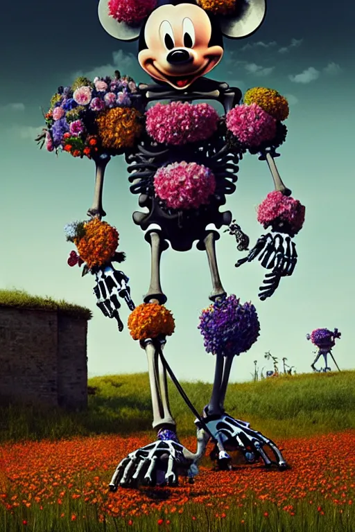 Prompt: a skeletal, mickey mouse made out of flowers and bones, taking a giant robot for a walk in the countryside by beeple, nychos and arcimboldo, highly detailed octane render