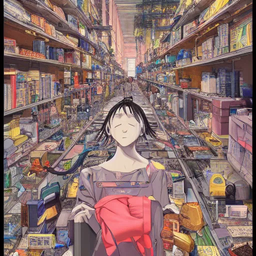 Image similar to Just living in the database as the madness of the system grows by Gigadō Ashiyuki, anime rendered in hyperdetailed Ultra HD, trending on ArtStation, luminous,