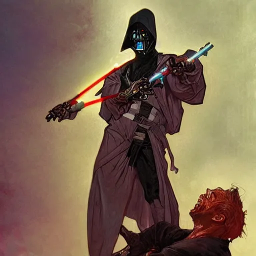 Prompt: crackhead sith lord smoking crack cocaine by mcfarlane, alphonse mucha, artgerm and greg rutkowski and magali villeneuve. drug addicts