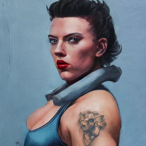 Image similar to greg manchess portrait of scarlett johansson as thick very muscular gothic weightlifter zarya from overwatch with red hair and black lipstick, fantasy medium shot, asymmetrical, profile picture, organic painting, sunny day, matte painting, bold shapes, hard edges, street art, trending on artstation, by huang guangjian and gil elvgren and sachin teng