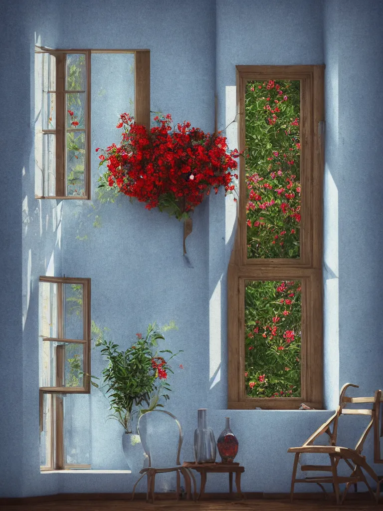 Prompt: a single old house window with a vase of red flowers with view to a sunrise, blue wall, a wooden chair near the window, concept art, octane render, unreal engine 5, trending on deviantart, highly detailed, high quality, hd, digital painting, masterpiece, geometric, symmetrical, low contrast, beautiful, high coherence, natural lighting, intense lighting