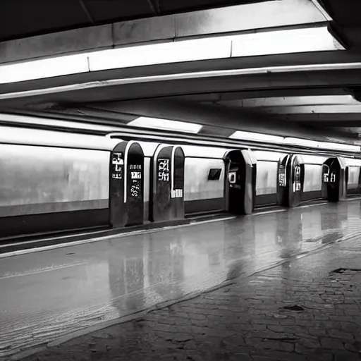 Prompt: a cyberpunk empty metro station with gak written on the wall, highly detailed, blade runner