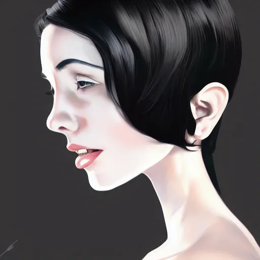 Image similar to slim girl in tuxedo with short black hair, elegant, 2d, ultra highly detailed, digital painting, smooth, sharp focus, artstation, portrait art by Ilya Kuvshinov