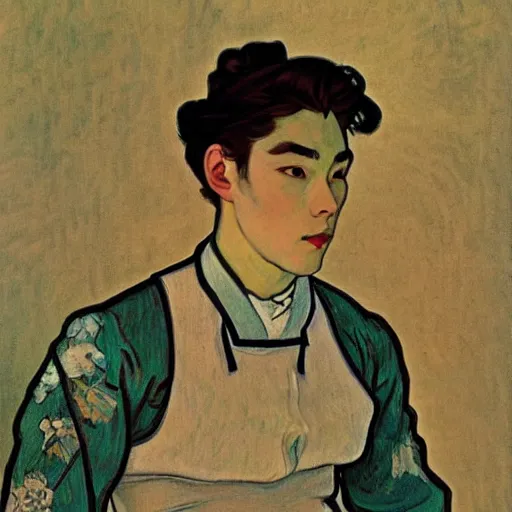 Prompt: painting of grumpy handsome beautiful man named min - jun in a maid outfit, elegant, clear, painting, stylized, art, art by alphonse mucha, vincent van gogh, egon schiele,