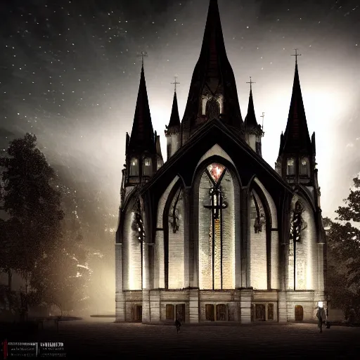 Image similar to victorian church in the middle of the city, dark, misty, at night, 8 k, detailed, concept art, trending on artstation