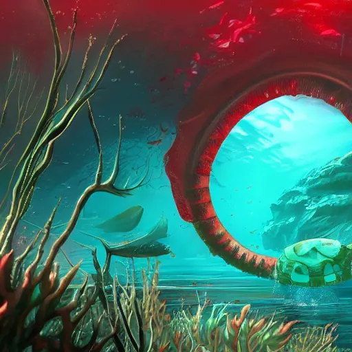 Prompt: underwater view of a strange alien world, some washed out red and green plant life, giant leviathan swimming far in the background, sci-fi underwater base, deep blue sea color, artstation