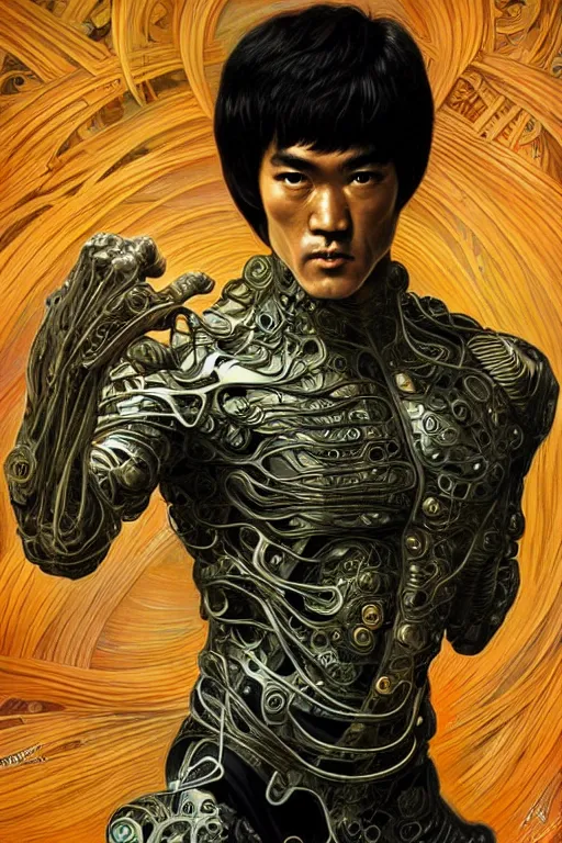 Prompt: bruce lee as a organic cyborg, diffuse lighting, fantasy, intricate, elegant, highly detailed, lifelike, photorealistic, digital painting, illustration, concept art, smooth, sharp focus, art by john collier and albert aublet and krenz cushart and artem demura and alphonse mucha