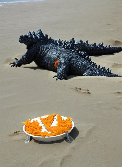 Prompt: godzilla as cheese on the sand of a beach