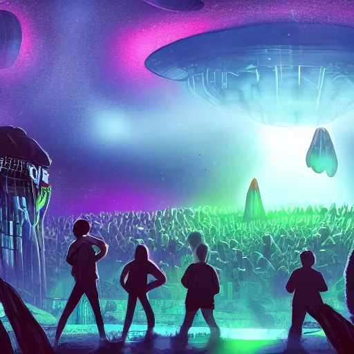 Image similar to a big concert in an alien planet, weird creatures, alien scenery, lots of people, big lights, volumetric, concert lights wide angle lens, digital art