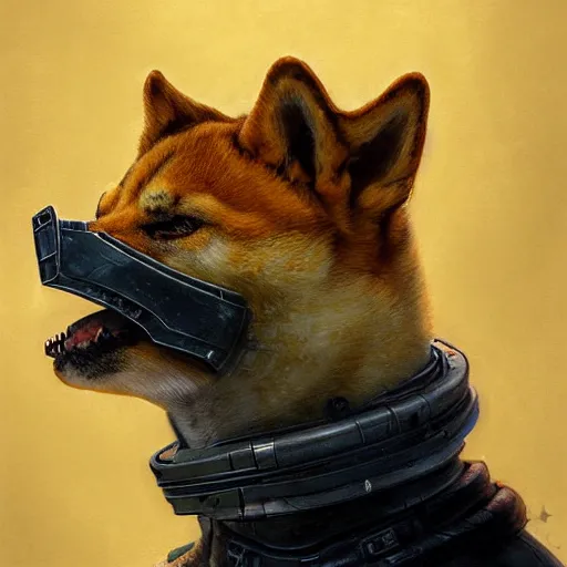 Prompt: the doomslayer as anthropomorphic shiba inu a realistic scifi cyberpunk knight, closeup portrait art by donato giancola and greg rutkowski, vintage retro scifi, realistic face, digital art, trending on artstation, symmetry