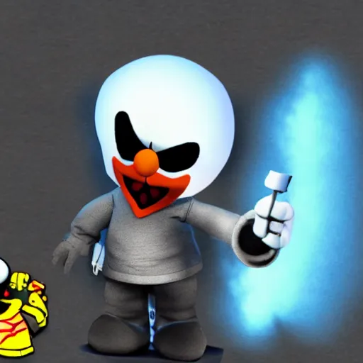 Prompt: sans from undertale fighting elmo, elmo holds a gun