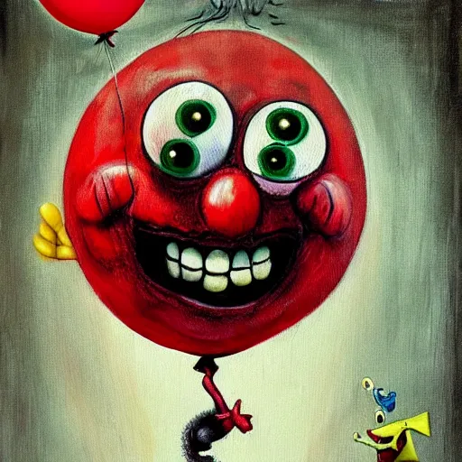 Image similar to grunge painting of spongebob with a wide smile and a red balloon by chris leib, loony toons style, pennywise style, corpse bride style, horror theme, detailed, elegant, intricate