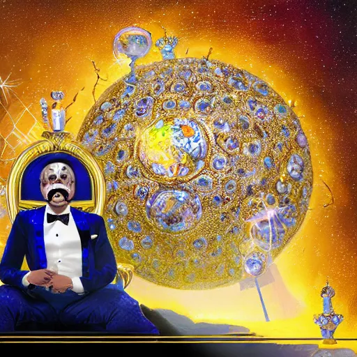 Image similar to shining giant throne made of millions of diamonds, gold and sapphires with thousands of light reflections, and a clown on a tuxedo suit is sitting on the throne while carrying an earth globe, dramatic light, digital painting, ultradetailed, artstation, oil painting