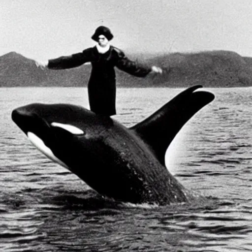 Prompt: Ellen G White riding a killer whale. Archival photo 1920. 4K