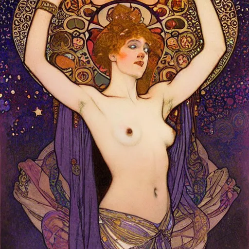 Image similar to salome among the stars beautiful detailed romantic art nouveau face portrait by alphonse mucha and gustav klimt, hauntingly beautiful refined moody celestial dreamscape