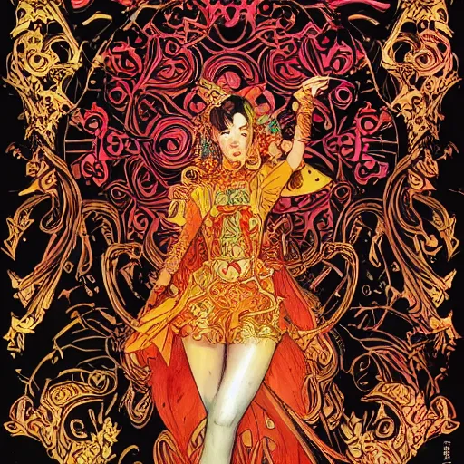 Image similar to jisoo + blackpink + elements + red + gold + neon + baroque + rococo + white + orange + ink + tarot card, ornate + by marc simonetti, paul pope, peter mohrbacher, detailed, intricate ink illustration + damask + award winning + 8 k