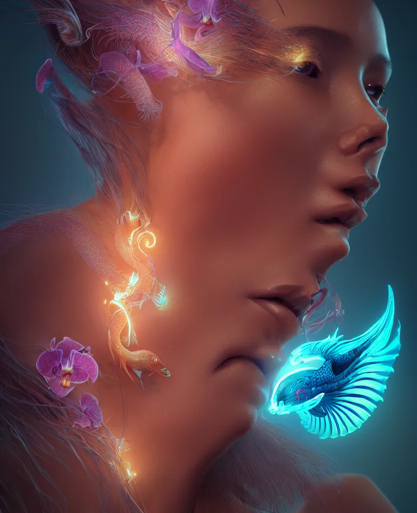 Image similar to goddess close-up portrait. orchid bird phoenix head, nautilus, skull, betta fish, bioluminiscent creatures, intricate artwork by Tooth Wu and wlop and beeple. octane render, trending on artstation, greg rutkowski very coherent symmetrical artwork. cinematic, hyper realism, high detail, octane render, 8k