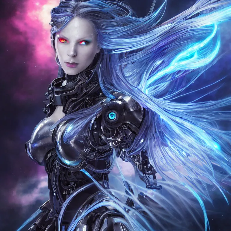 Image similar to beautiful cinematic fantasy poster, a beautiful cyberpunk cyborg female with brilliant silver flowing hair, beautiful blue glowing galaxy eyes fighting a tall black metallic mech with glowing red eyes, wideshot ultrawide angle epic scale, hybrid from The Elden Ring and art direction by Darius Zawadzki ;by artgerm; wayne reynolds art station; cinematic quality character render; low angle; ultra high quality model; production quality cinema model;