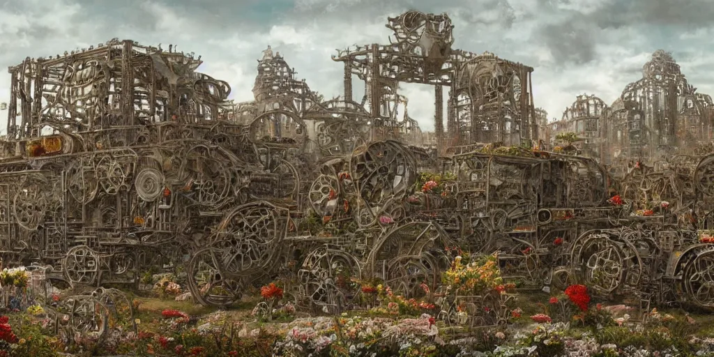 Prompt: a giant mechanical structure made of many machine parts and buildings and flowers on wheels moving through a desolate landscape, hyperrealism, highly detailed