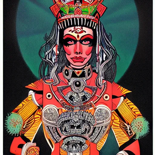 Image similar to portrait of mad aztec queen, symmetrical, by juan gimenez