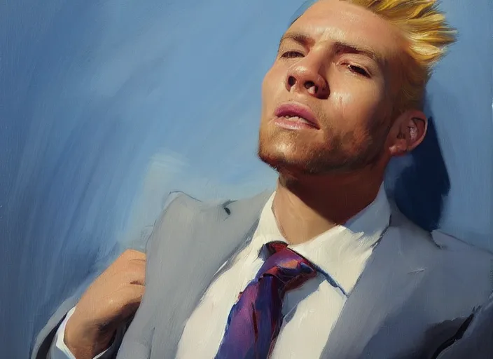 Image similar to greg manchess portrait of a defeated blond man in a blue suit on the ground in an arena, profile picture, organic painting, sunny day, matte painting, bold shapes, hard edges, street art, trending on artstation, by huang guangjian, gil elvgren, ruan jia, randy vargas, greg rutkowski