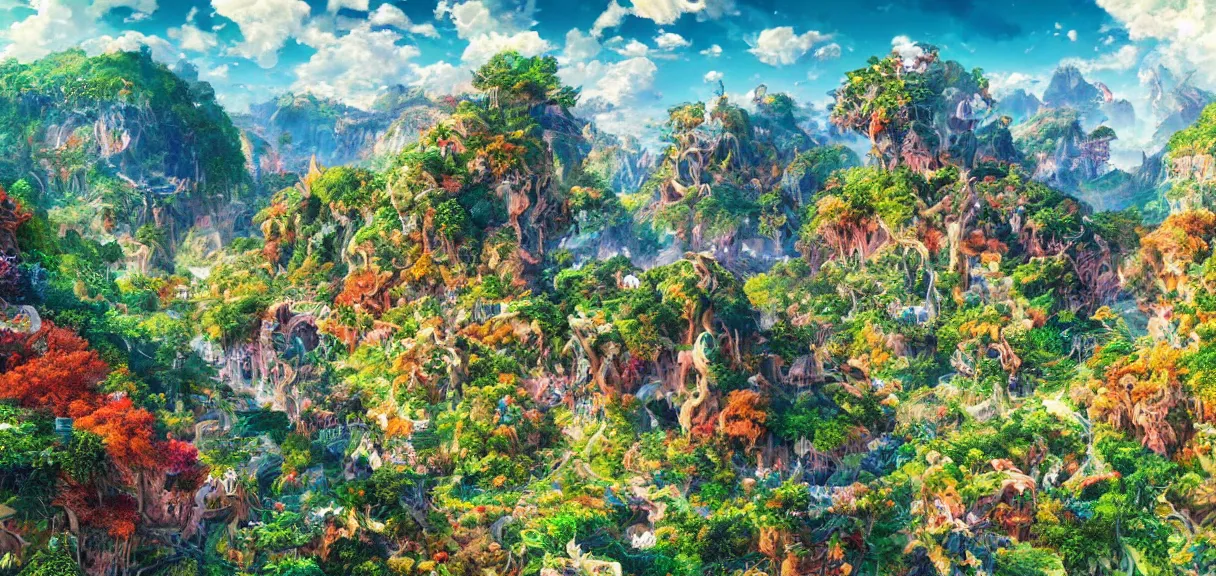 Prompt: the landscape of an unimaginable and beautiful place with all types of colorful vegetation, beyond the physical realm, an ultrafine hyperdetailed illustration by kim jung gi, irakli nadar, intricate linework, bright colors, octopath traveler, final fantasy, unreal engine 5 highly rendered, global illumination, radiant light, detailed and intricate environment