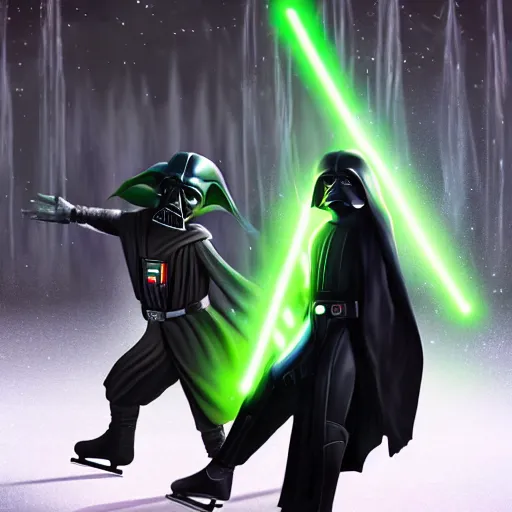 Prompt: photo of Darth Vader and Yoda ice skating together, having a great time, ultra photorealistic, 8k, artstation