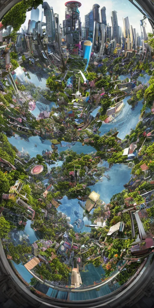 Image similar to Bustling photorealistic!!! utopian city reimagined by Max Hay, inverted fisheye lens!!!, eyelevel!!! view!!! photography, trending on artstation, 4k, 8k, lens distortion, chromatic aberration, soft focus blur, photorealistic imagery, photorealistic details, intricate, highly detailed, artstation 3d, artstation render, artstation 3d render, 3d art, unreal engine 3d, octane 3d, blender 3d, 3d landscape