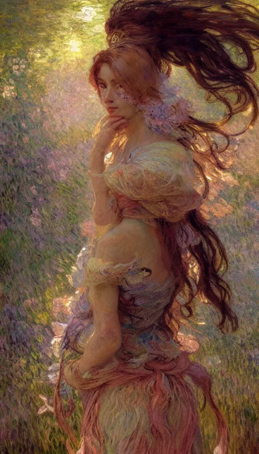 Prompt: illustration studio portrait of multiple magical beautiful seraphim female energy in artistic poses in nature, monet painterly motives and textures pattern, hyper detailed, octane render, vivid colors, artstation, by jeremy mann, by alphonse mucha, by monet.