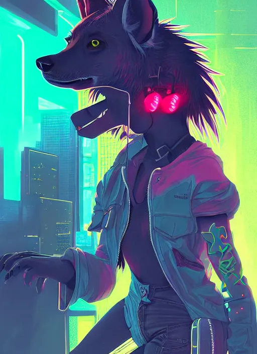 Image similar to beautiful portrait commission of a female furry anthro hyena fursona wearing skater clothes. Cyberpunk city at night in the rain. Neon light. Atmospheric. Character design by charlie bowater, ross tran, artgerm, and makoto shinkai, detailed, inked, western comic book art