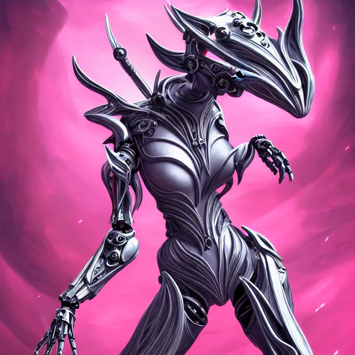 Image similar to highly detailed exquisite fanart, of a beautiful female warframe, but as an anthropomorphic robot dragon, shiny white silver armor engraved, Fuchsia skin beneath the armor, sharp claws, long tail, robot dragon hands and feet, elegant pose, close-up shot, full body shot, epic cinematic shot, professional digital art, high end digital art, singular, realistic, DeviantArt, artstation, Furaffinity, 8k HD render