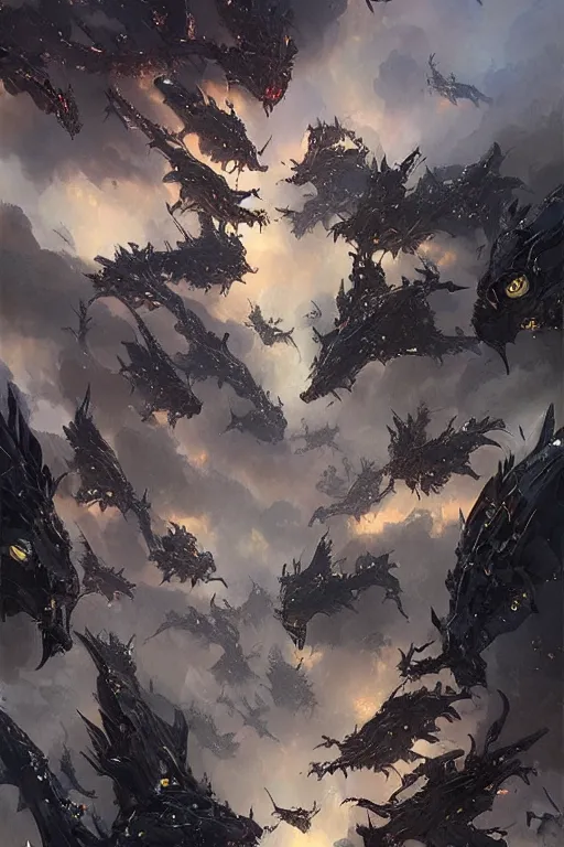 Image similar to sky filled with a swarm of angry western dragons, painting by stephan martiniere