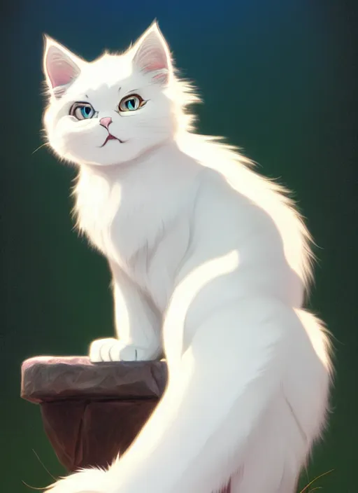 Image similar to fluffy white cat, natural lighting, path traced, highly detailed, high quality, cartoon, digital painting, by don bluth and ross tran and studio ghibli and alphonse mucha